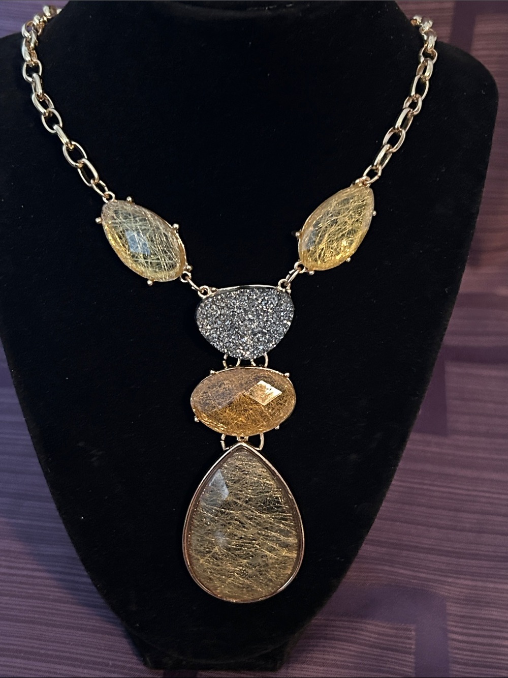 Chico’s Long necklace with yellow stones and druzy stone